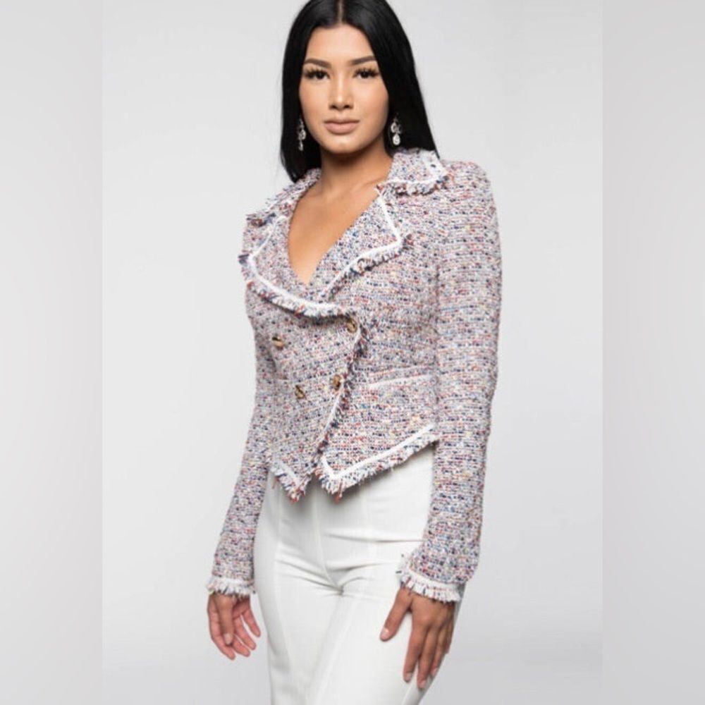 NWT Fashion Nova Multicolor Double Breasted Tweed Blazer Sz M